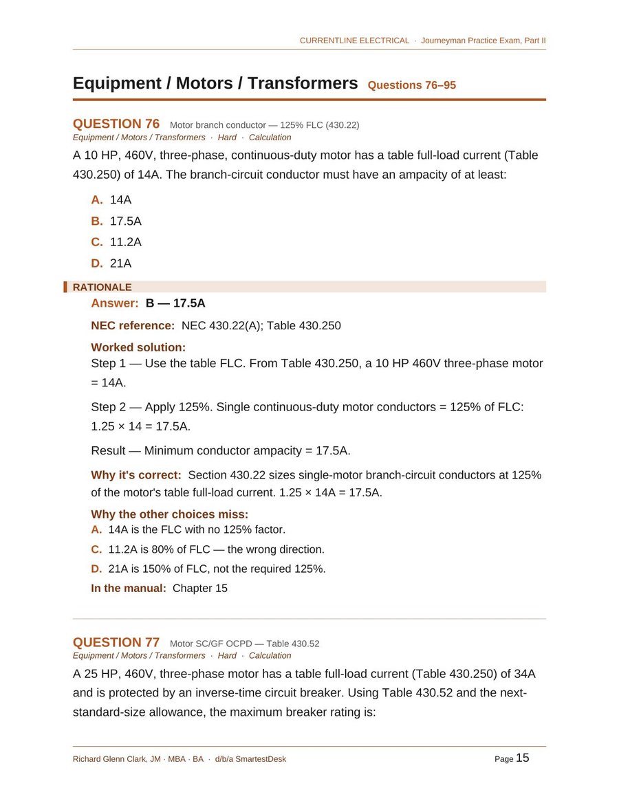 Exam sample — a motor calculation worked step by step